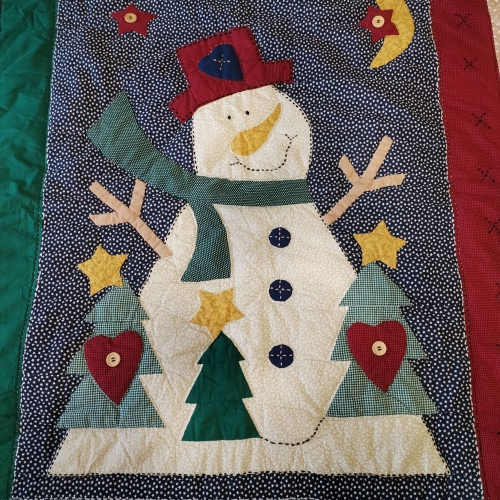 Kohl's Quilt Blanket 48×57 Snowmen Patchwork Throw Appliqued Cotton Christmas‎